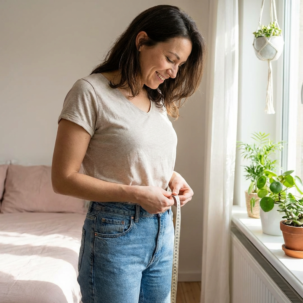 a woman happy with her results from Mobile Body sculpting services in Napa