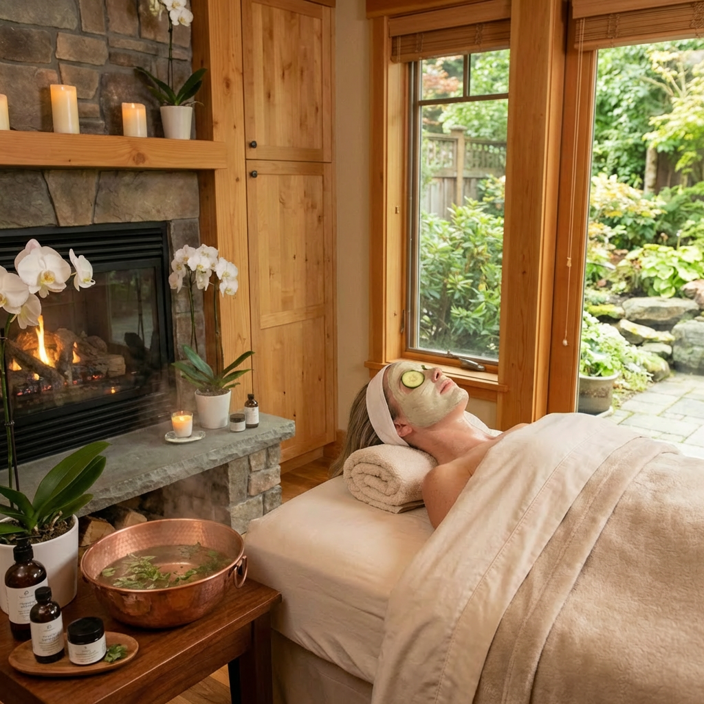 Renew Skin Therapy Mobile esthetician giving a facial treatment to a client in a cozy spa room in Napa Valley.